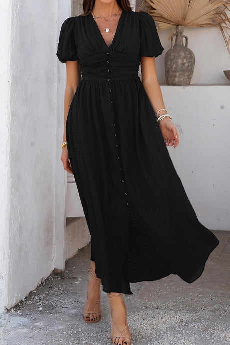 Arolora Puff Sleeve Single Breasted Slit Dress