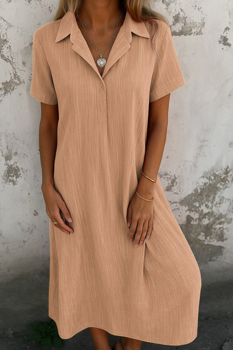 Arolora V-Neck Solid Color Short-Sleeve Shirt Dress