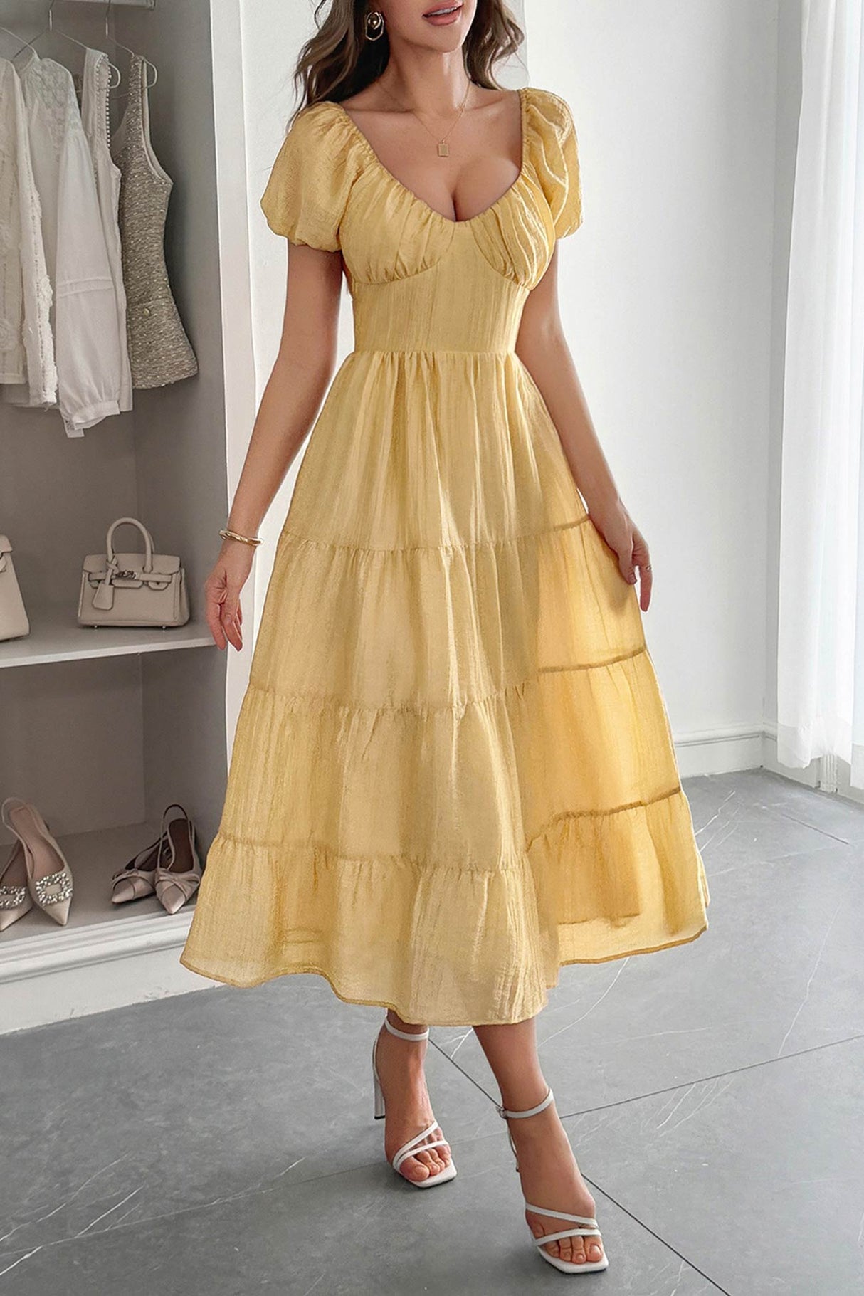 Arolora Low Cut Puff Sleeve Backless Tiered Dress