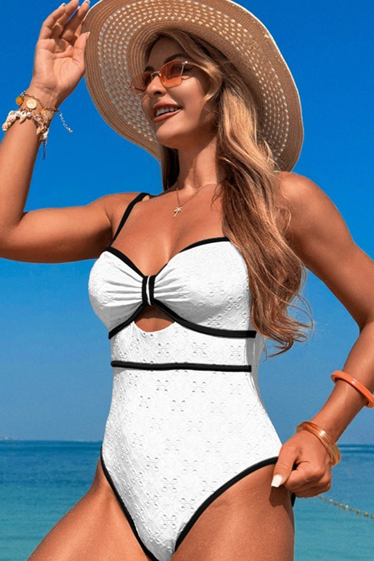 Arolora Vintage Textured Hollow-Out One-Piece Swimsuit