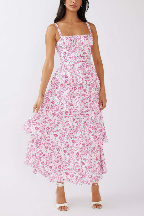 Arolora Floral Print Tie-up Tiered Midi Dress