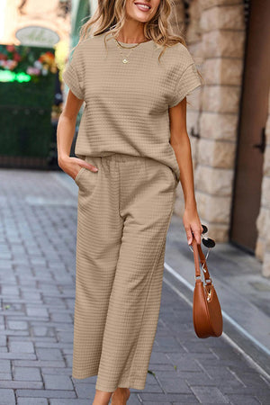 Solid Color Lattice Texture T-shirt Pants Set