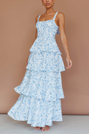 Arolora Floral Print Tie-up Tiered Midi Dress