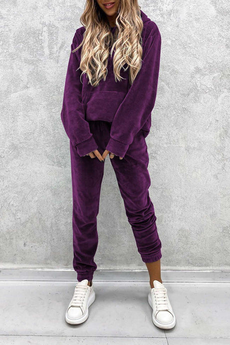 Velour Solid Color Hoodie Long Pants Set