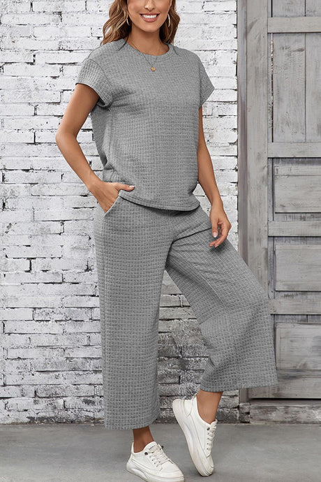 Solid Color Lattice Texture T-shirt Pants Set