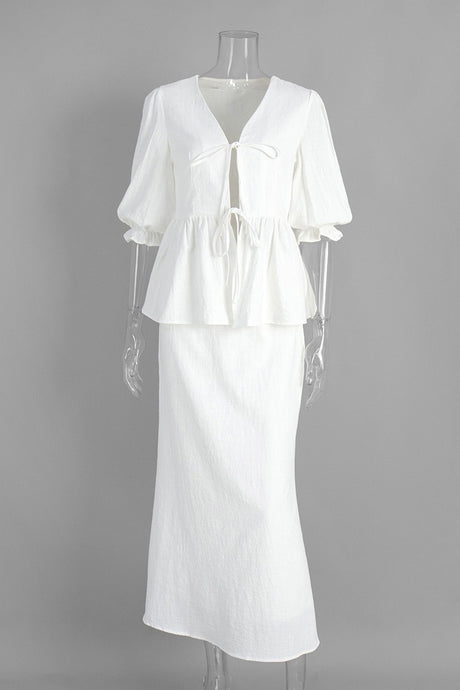 Puff Sleeve Tie-up Ruffle Cotton Shirt Skirt Set