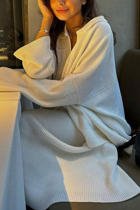 Lapel V Neck Sweater Skirt Set