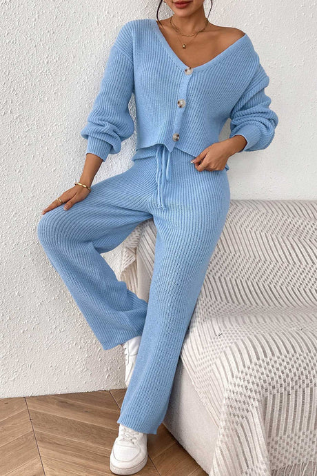 Button-down Crop Cardigan Pants Set