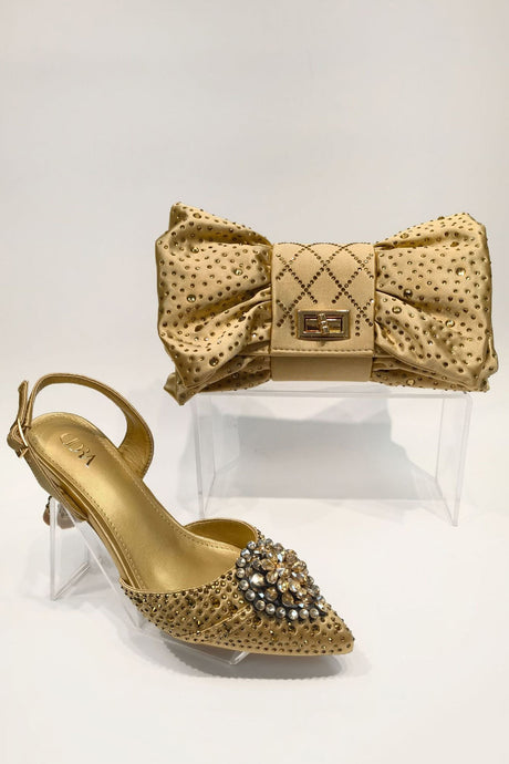 Pointed Rhinestone High Heels With Bow Hand Bag