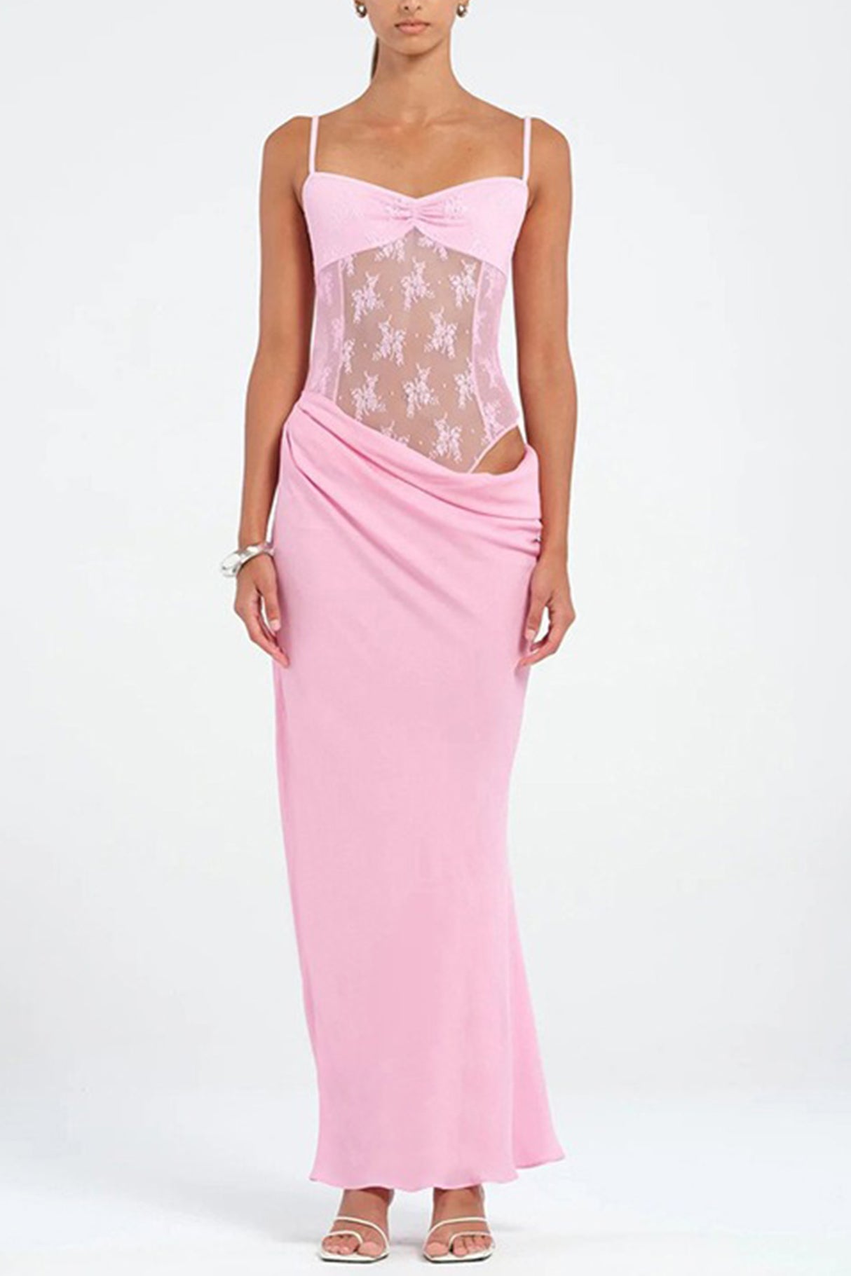 Low Cut Lace Patchwork Ruched Cami Dress