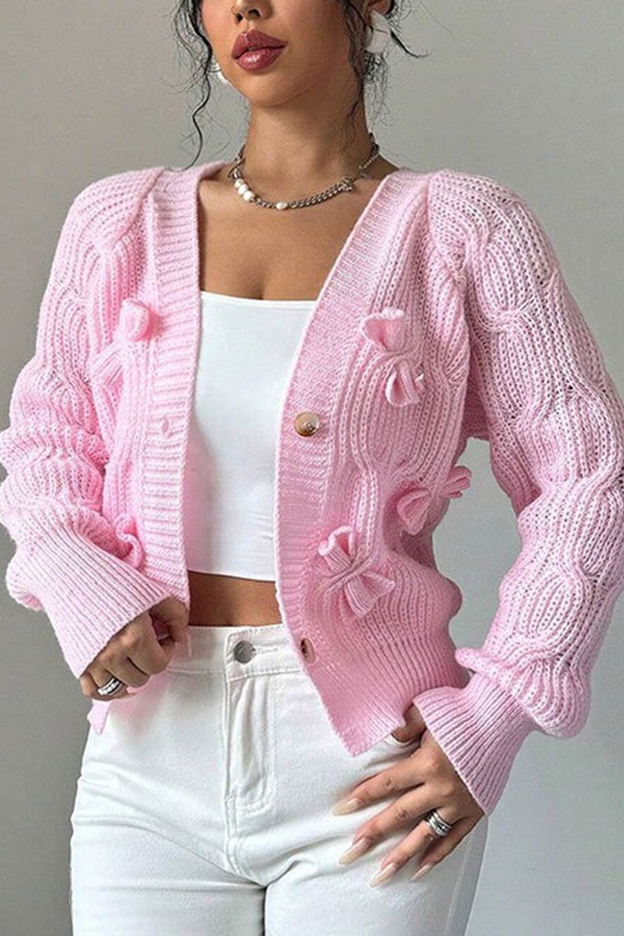 Bow Lantern Sleeve Button-down Cardigan