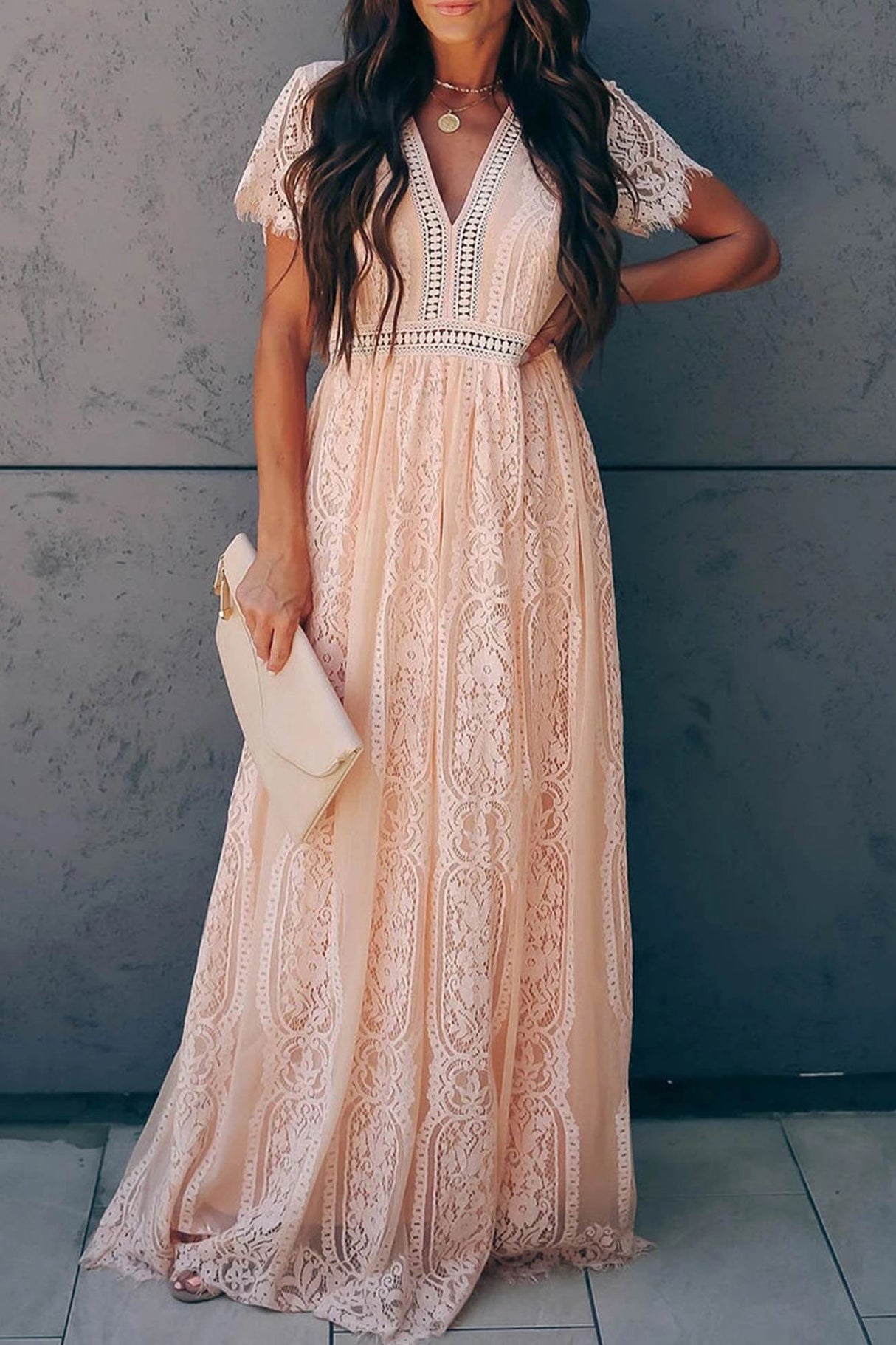 V Neck Lace Embroidery Maxi Dress