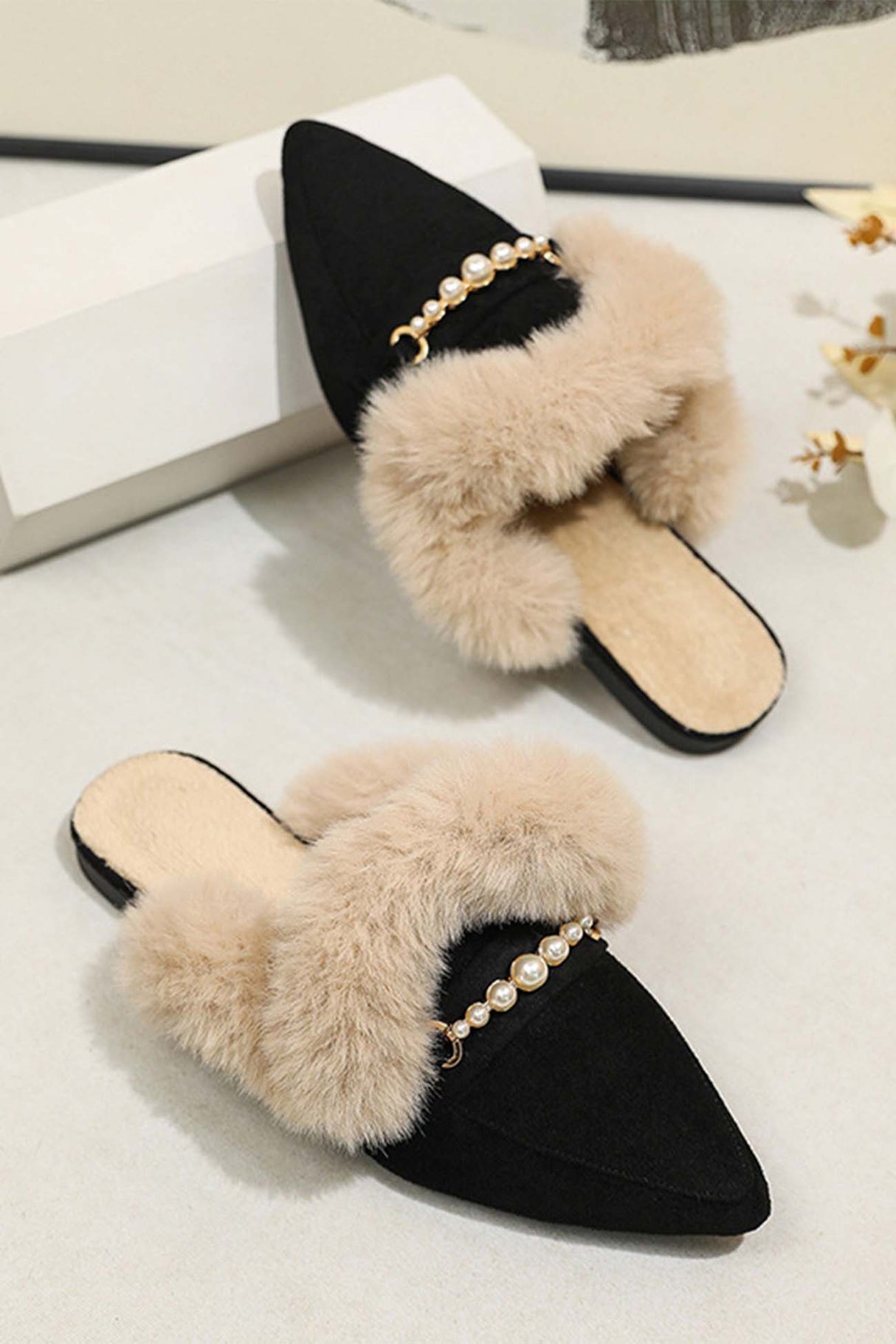 Pearl Plush Pointed-Toe Loafer Mules