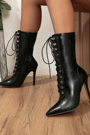 Pointed Toe Lace Up Mid-Calf Boots