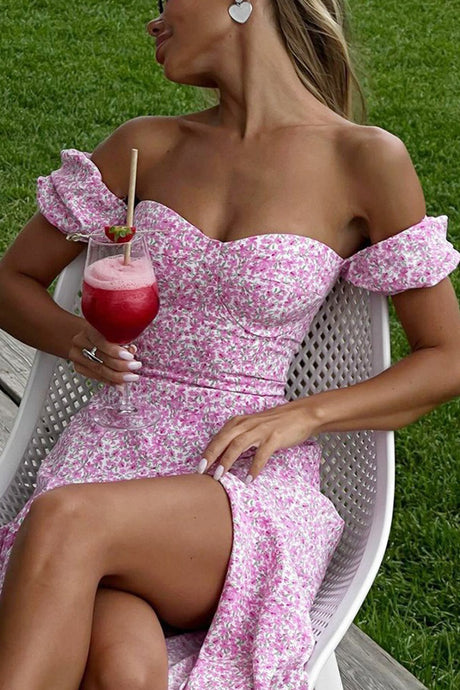 Floral Puff Sleeve Tie-back Slit Dress