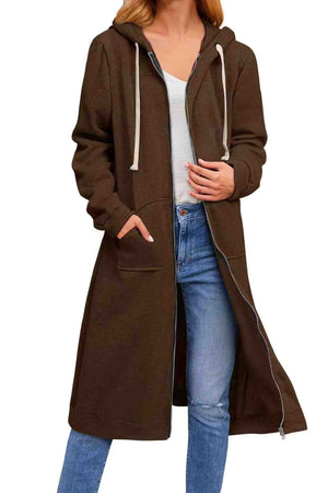 Solid Zip Up Drawstring Hooded Long Cardigan