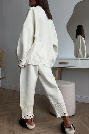 Raw Edge Crew Neck Sweater Set