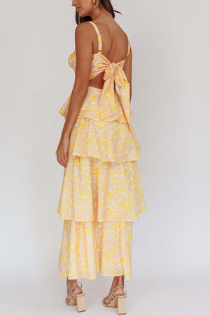 Arolora Floral Print Tie-up Tiered Midi Dress