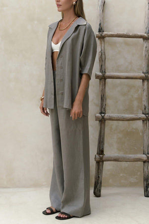 Arolora Solid Color Cotton Half Sleeve Blouse Pants Set