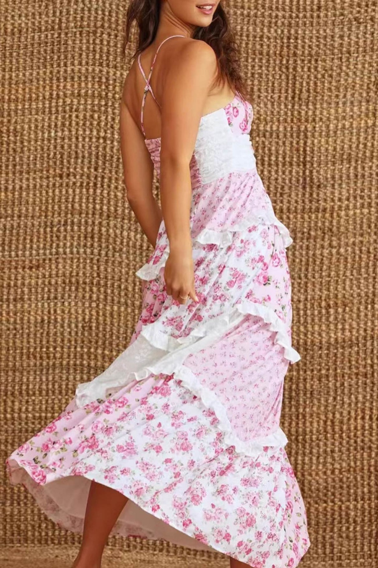 Arolora Floral Print Lace Patchwork Cami Dress