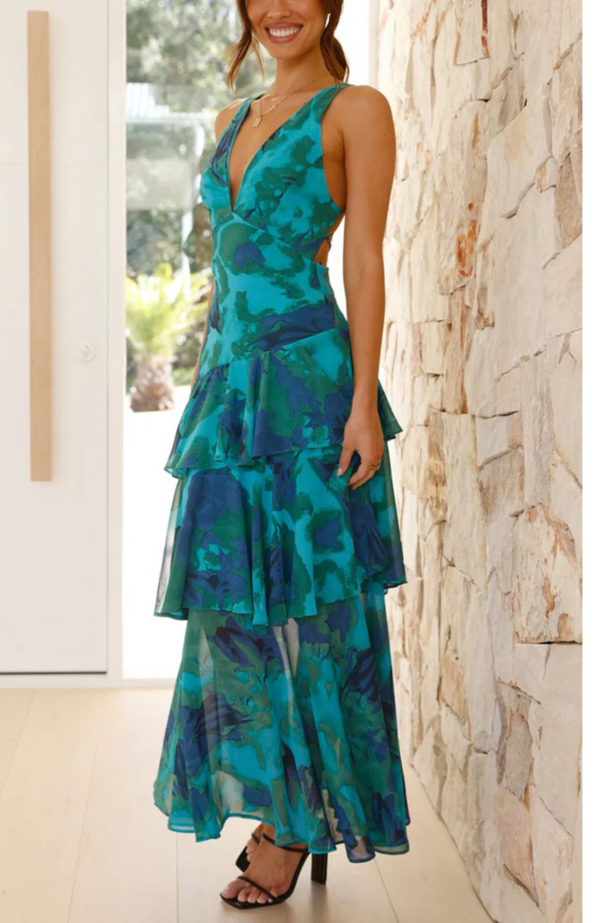 Arolora Floral Print Tie-up Back Chiffon Tiered Dress