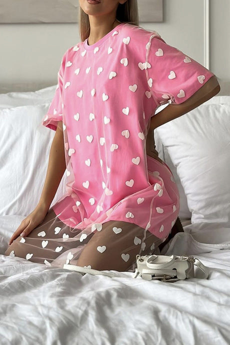 Arolora Heart Print Mesh Patchwork T-shirt Dress