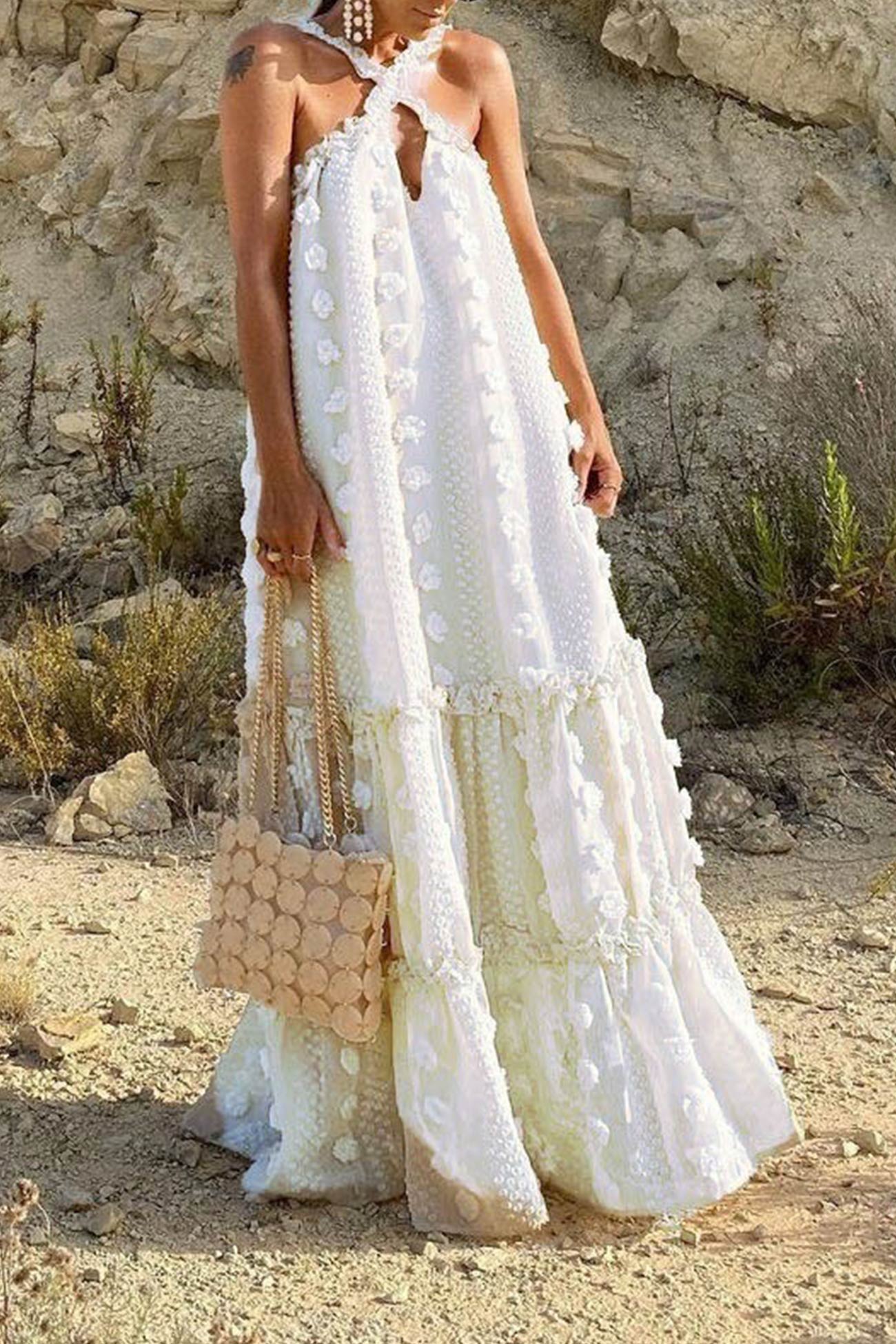 Arolora 3D Floral Criss-cross Halterneck Maxi Dress