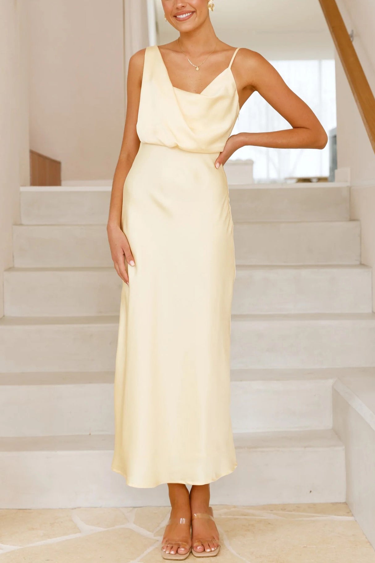 Arolora Satin Cowl-Neck Cami Dress