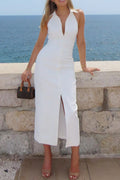 Arolora Lapel Sleeveless Single-breasted Midi Dress