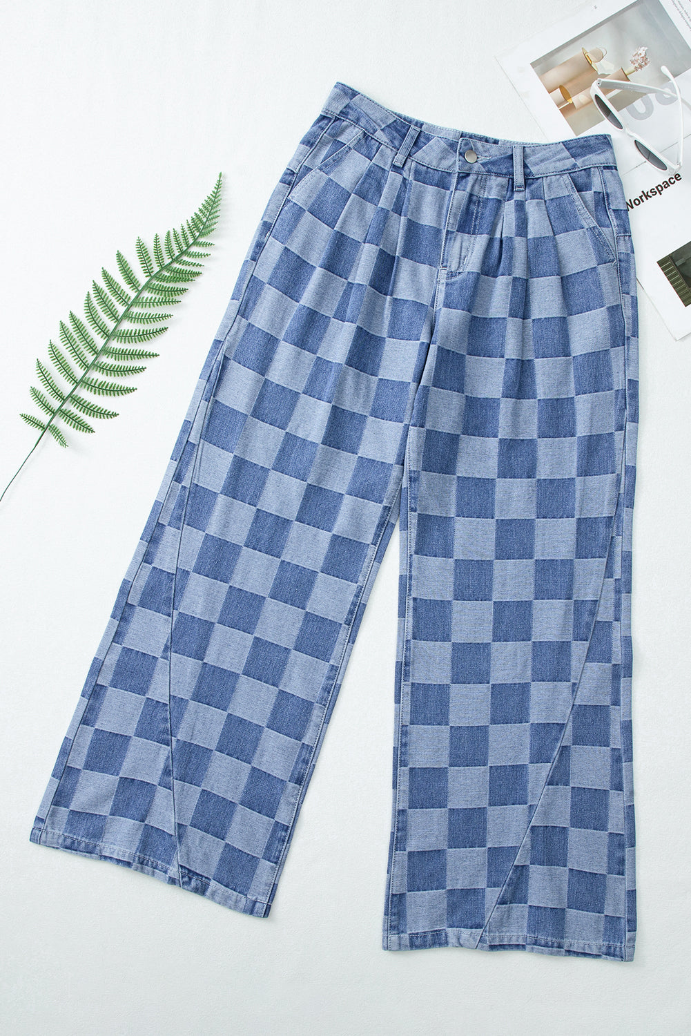 Arolora checkered-high-waist-denim-wide-leg-jeans