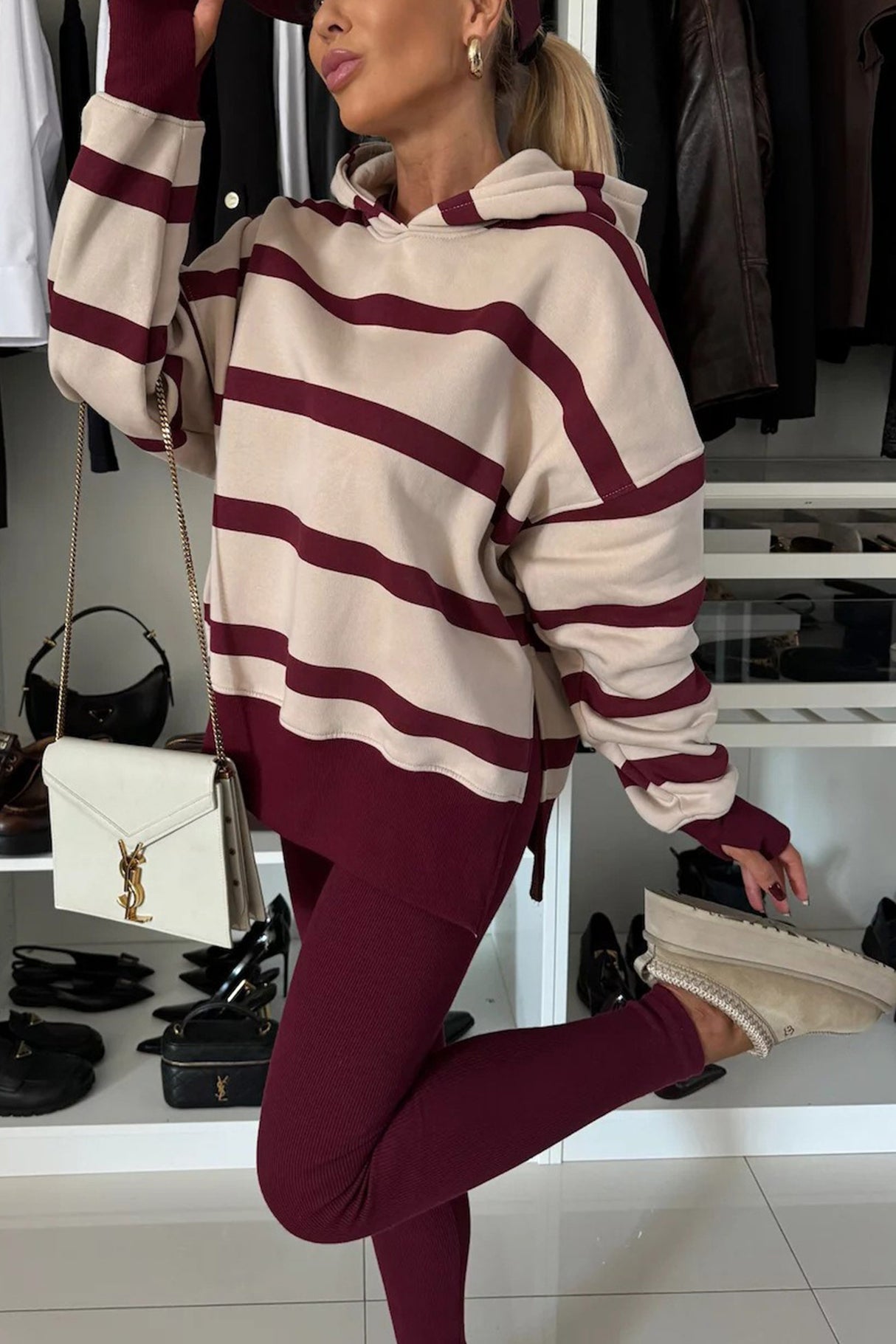 Printed Slit Hem Hoodie Leeging Set