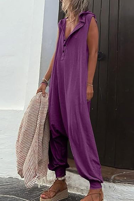 Single-breasted Sleeveless Hooded Jumpsuit