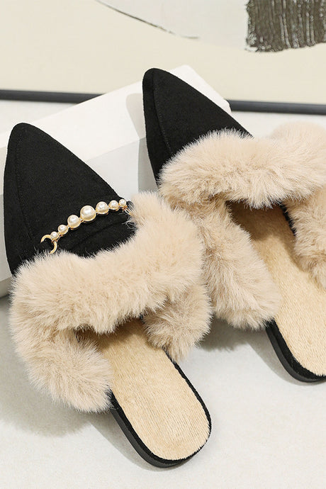 Pearl Plush Pointed-Toe Loafer Mules