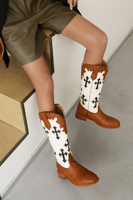 Cross Pattern Square Toe Knee High Boots