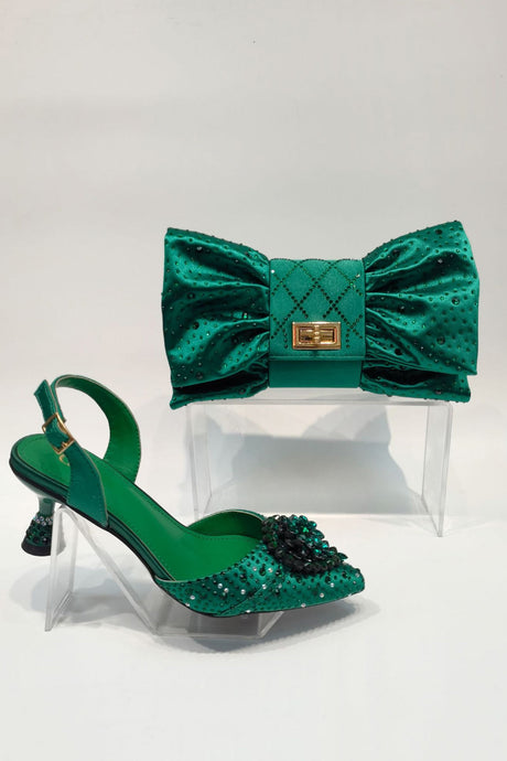 Pointed Rhinestone High Heels With Bow Hand Bag