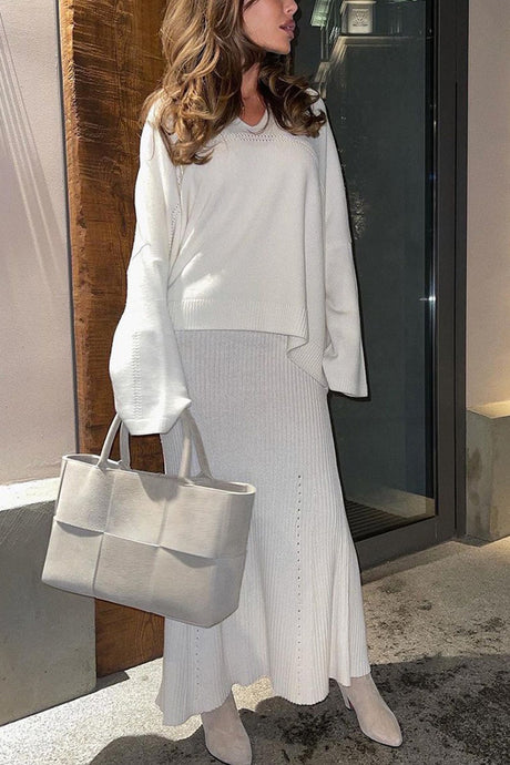 Lapel V Neck Sweater Skirt Set