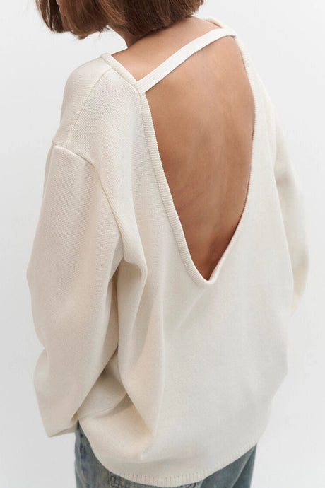 Crew Neck Backless Cotton Sweater