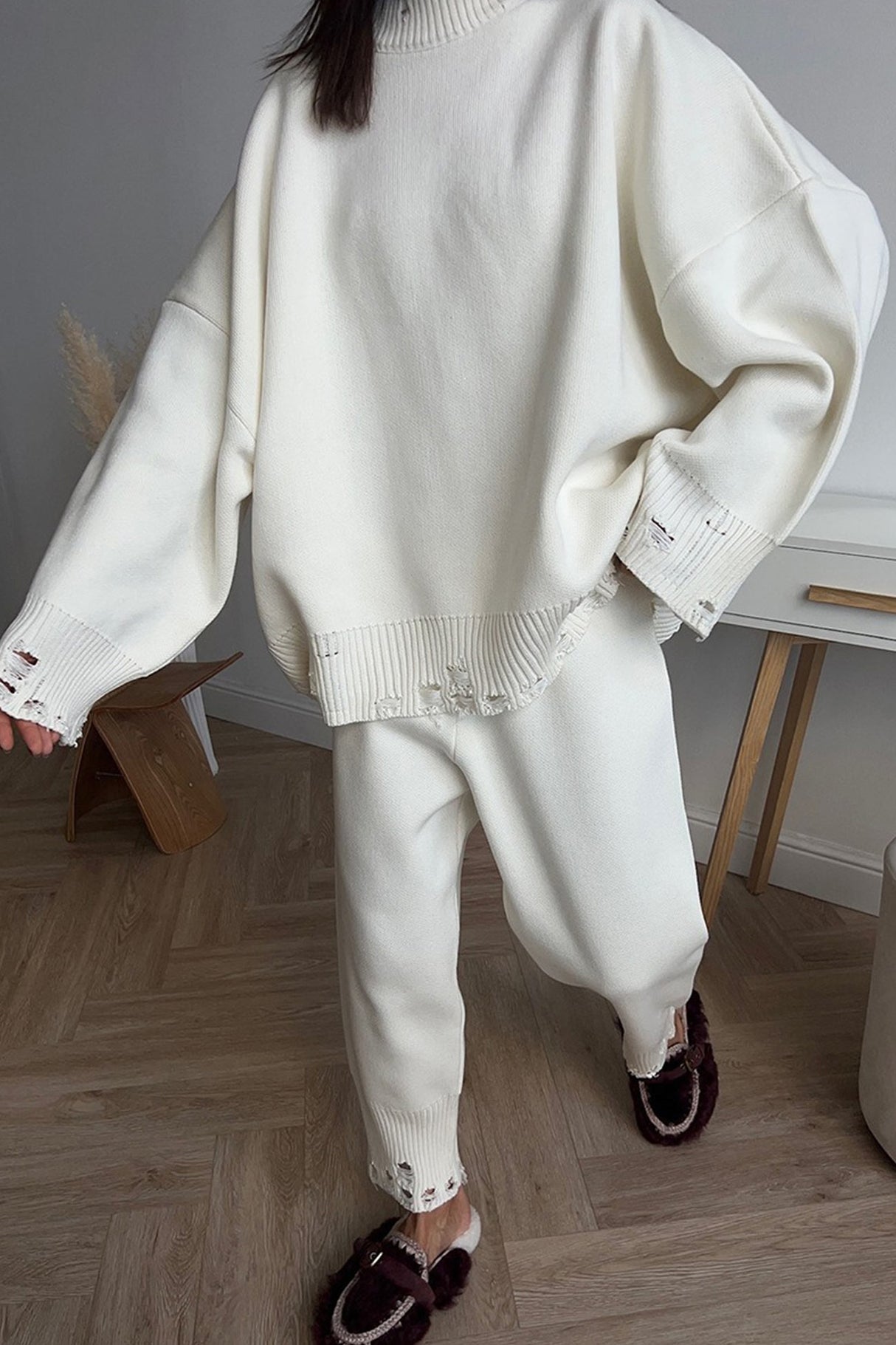 Raw Edge Crew Neck Sweater Set