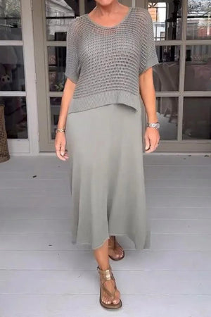 Hollow Out Knit Cover-up Tank Dress Two-piece Set