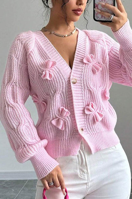 Bow Lantern Sleeve Button-down Cardigan