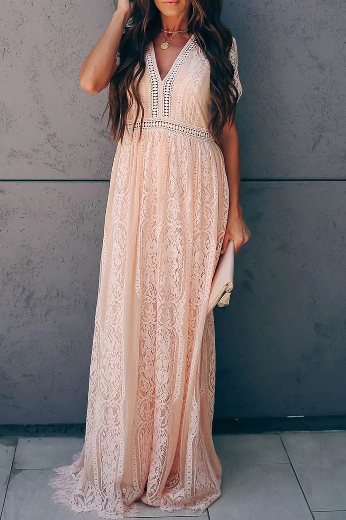 V Neck Lace Embroidery Maxi Dress