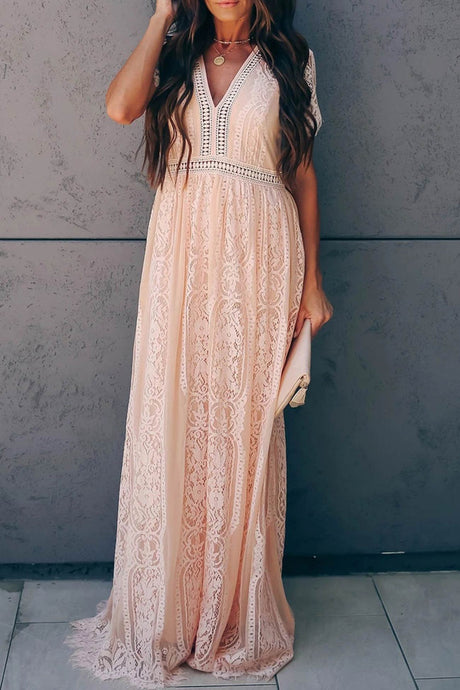 V Neck Lace Embroidery Maxi Dress