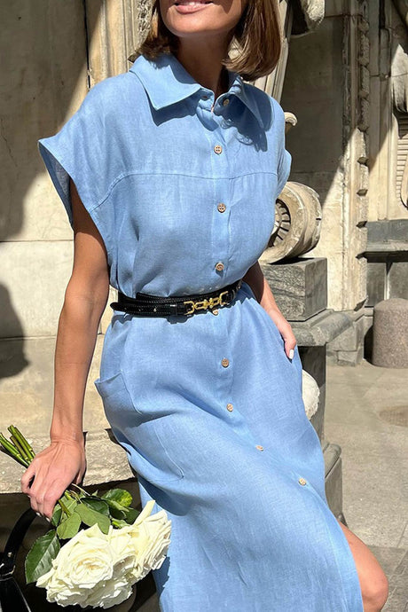Button-down Strappy Cotton Linen Shirt Dress