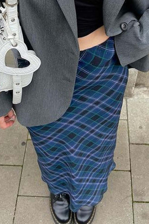 Blue Check High Waist Midi Skirt