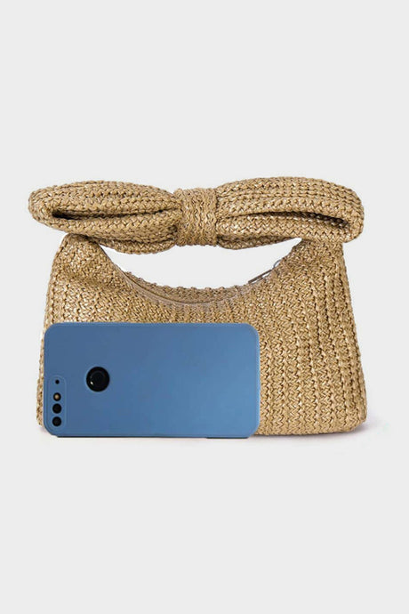 Arolora Bow Hand Made Straw Woven Clutch