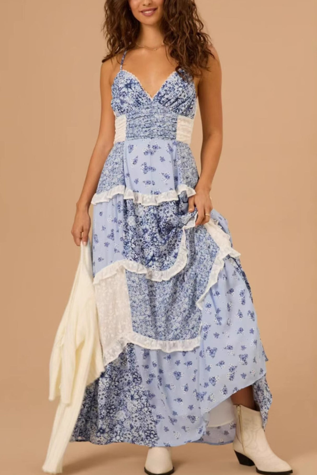 Arolora Floral Print Lace Patchwork Cami Dress