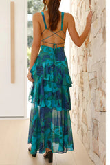 Arolora Floral Print Tie-up Back Chiffon Tiered Dress