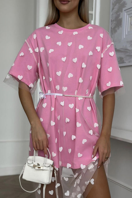 Arolora Heart Print Mesh Patchwork T-shirt Dress