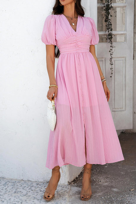 Arolora Puff Sleeve Single Breasted Slit Dress