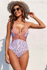 Arolora Low Cut Ruched Floral One-piece Swimsuit